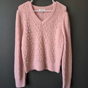 Nanette Lepore Pink Pearl Embellished Pointelle V-Neck Sweater Lg Twee Coquette